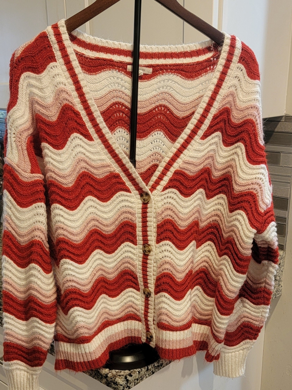 Maurices Red and Cream Wavy Stripe V-Neck Button Cardigan